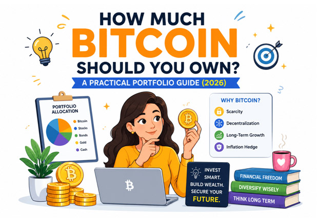 Cartoon illustration of a woman planning her Bitcoin portfolio with a laptop, Bitcoin coin, portfolio allocation chart, and financial planning icons on a white background for a practical Bitcoin investment guide in 2026.